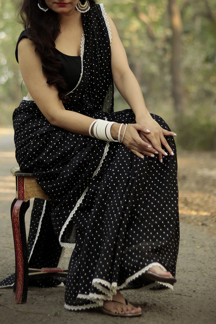 Polka Dotted Mulmul Crochet Lace Saree